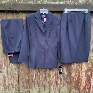 LEVINE CLASSICS Three piece suit dark navy blazer jacket pants skirt neutral